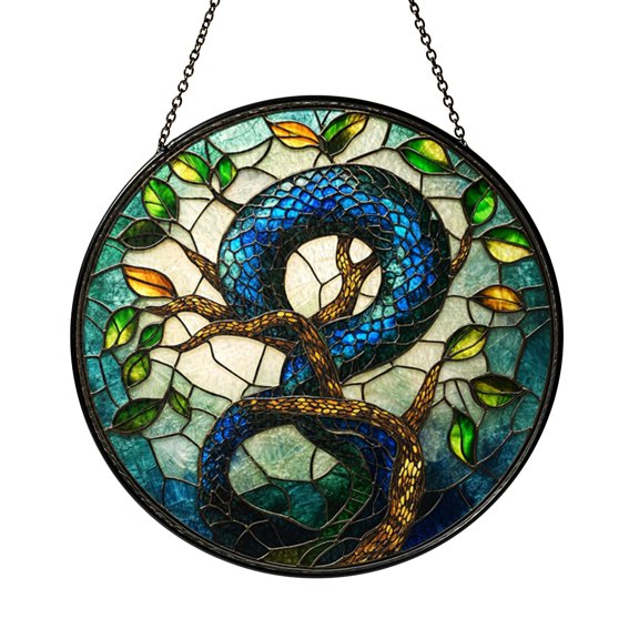 Blue Snake Stained Glass Window Hanging – Beautiful Reptile-Inspired Art, Vibrant Home Decor Accent, Unique Gift for Animal and Nature Fans