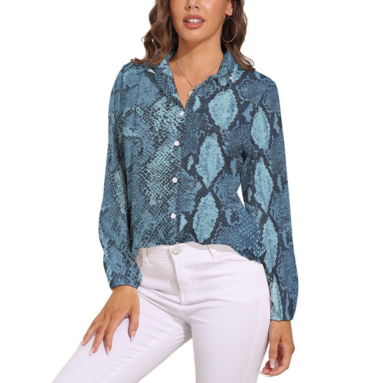 Blue Snakeskin Blouse Long-Sleeve Python Print Vintage Blouses Female ...