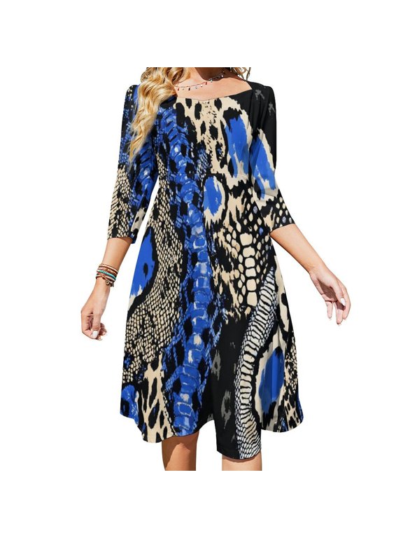 Blue Snakeskin Leopard Print Fabric Flare Dress Square Neck Dress Elegant Female Fashion Printed Dress