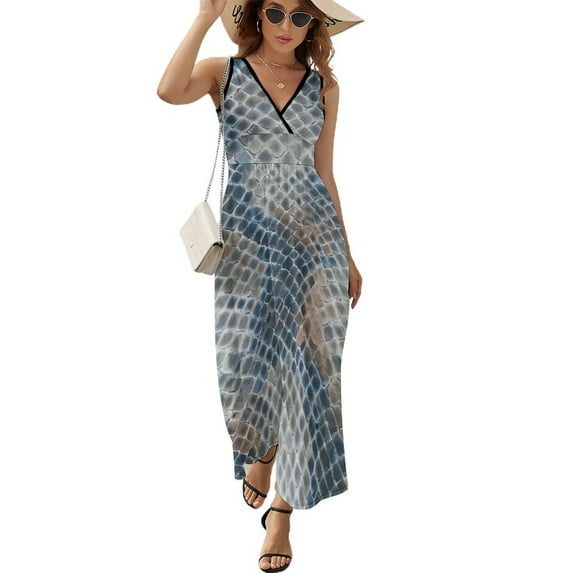 Blue Snakeskin Textured Pattern Dress Summer Street Style Bohemia Long Dresses Female Sleeveless Printed Maxi Dress