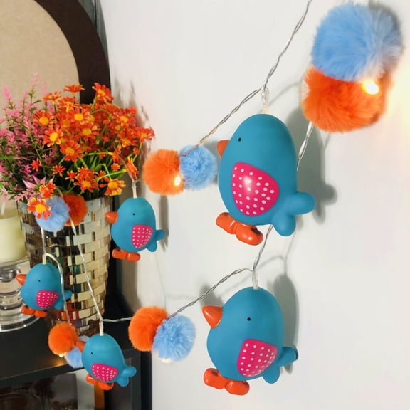 Blue Snow Bird Pom Poms LED String Lights,1.65M 10LEDs Warm White Battery Operated Plush Ball Cardinal Bird Decor Night Lights