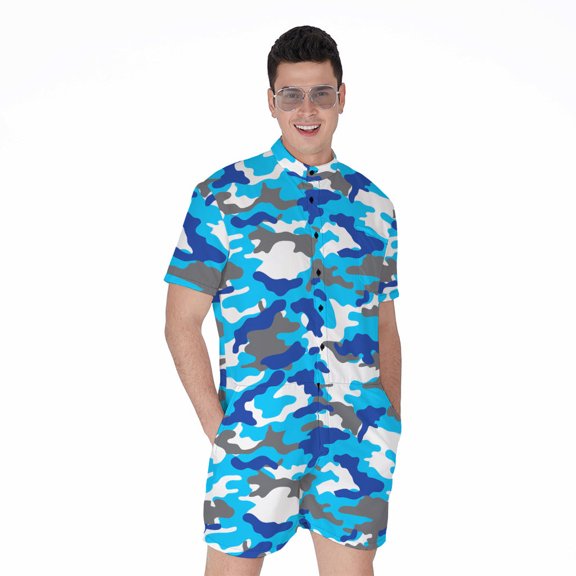 Blue Snow Camouflage Short Sleeve Men'S Rompers Casual Summer Jumpsuits Outfit
