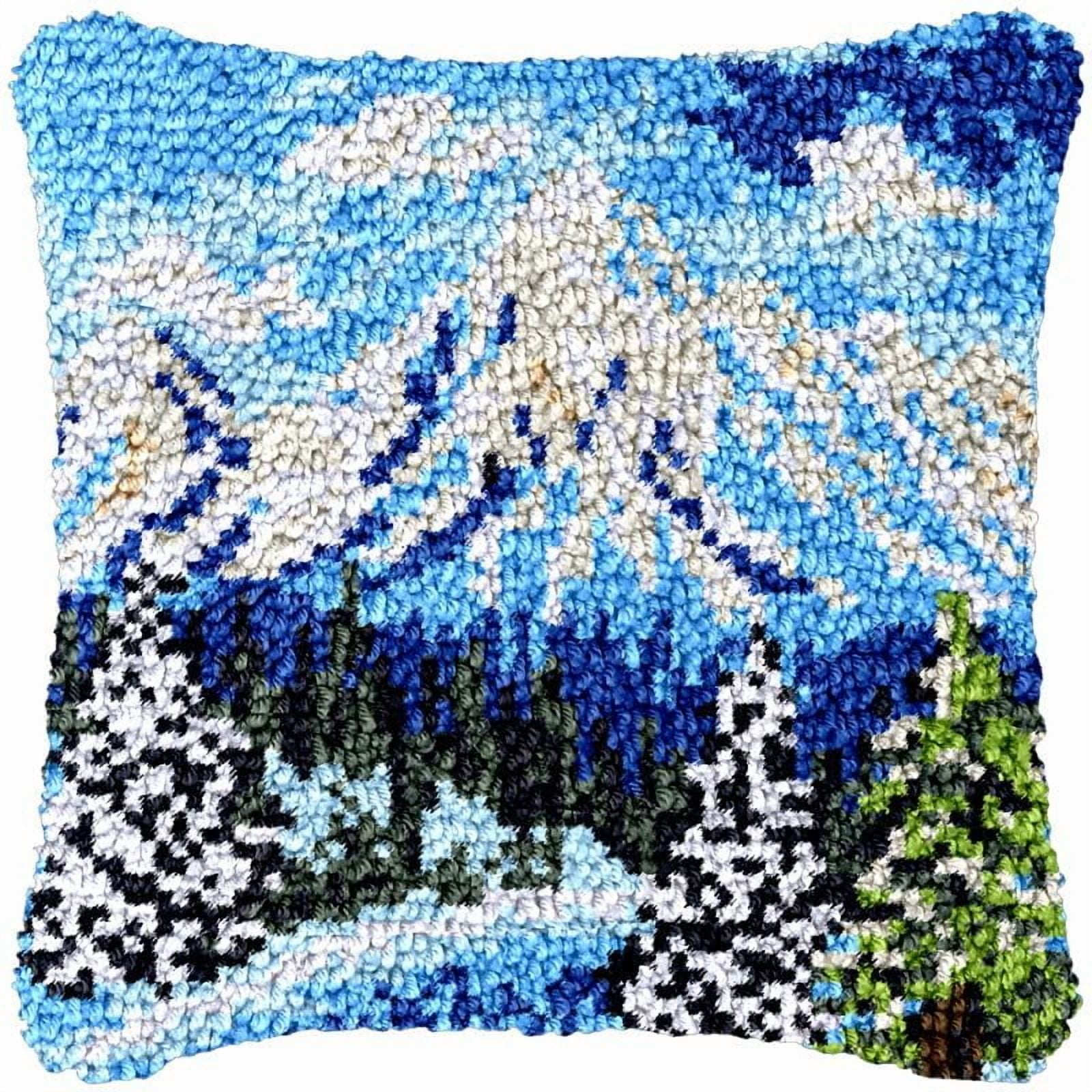 Blue Snow Mountain Latch Hook Pillowcase Kits for Adults and Starter DIY Cushion Cross Stitch Latch Hook Rug Kits with Preprinted Canvas Crochet Yarn Kits Needlework Crafts 17'' X 17''