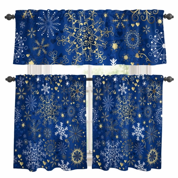 Blue Snowflake Christmas Kitchen Curtains Sets for Windows 24 Inch Length, Xmas Snowflake Rod Pocket Window Treatments Tier Curtains and Valances Set for Bedroom/Bathroom