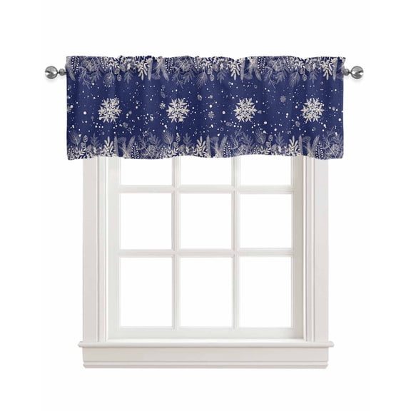 Blue Snowflake Christmas Linen Curtain Valance for Bedroom/Bathroom/Kitchen/Office/Living/Dining Room Window,Xmas Pine Cones Botanical Rod Pocket Topper Decorative Cafe Drapes Panel 54"x18"