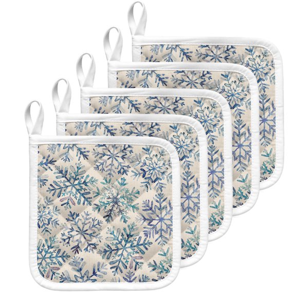Blue Snowflake Christmas Pot Holders for Kitchen Heat Insulation Potholder, Xmas Snowflake Vintage Kitchen Pot Holders Sets Washable Oven Hot Pads Cloth Trivet for Cooking Baking 5 Pack