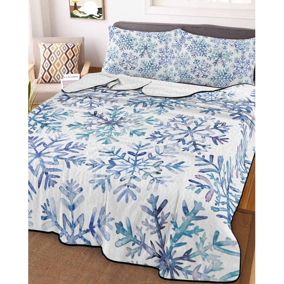 Blue Snowflake Christmas Queen Size Down Alternative Comforter, Lightweight Comforter Quilt Bedding Set with Pillow Shams Xmas Winter Snowflake All Seasons Bed Comforter Duvet Insert 90"x96"