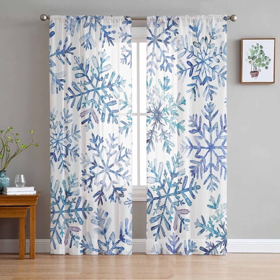 Blue Snowflake Christmas Semi Sheer Curtains 84 Inch Length 2 Panels Set, Xmas Winter Snowflake Sheer Kitchen Curtain Privacy Voile Window Curtain for Living Room Bedroom Rod Pocket Drapes