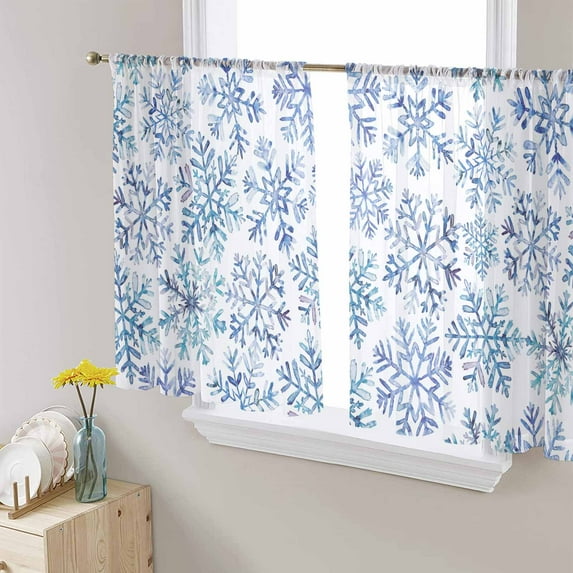 Blue Snowflake Christmas Sheer Curtains 54 Inches Length 2 Panels Set, Window Sheer Curtains for Living Room/Bedroom, Xmas Winter Snowflake Light Filtering Rod Pocket Curtain 52'' x 54'' x 2