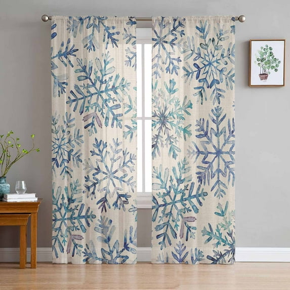 Blue Snowflake Christmas Sheer Curtains 72 Inches Long 2 Panels Set, Window Sheer Curtains for Living Room/Bedroom, Xmas Snowflake Vintage Light Filtering Rod Pocket Curtain 52'' x 72'' x 2
