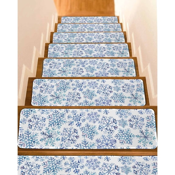 Blue Snowflake Christmas Stair Treads for Wooden Steps Indoor Runner Rug Carpet, Xmas Winter Snowflake 7 Pieces Peel and Stick Staircase Step Treads Covers Washable Throw Door Mats, 30"x8"