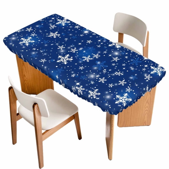 Blue Snowflake Christmas Table Cloths for 3 Foot Rectangle Tables, Winter Xmas Snowflake Patio Waterproof Elastic Fitted Tablecloths, Washable Rectangular Table Cover for Camping