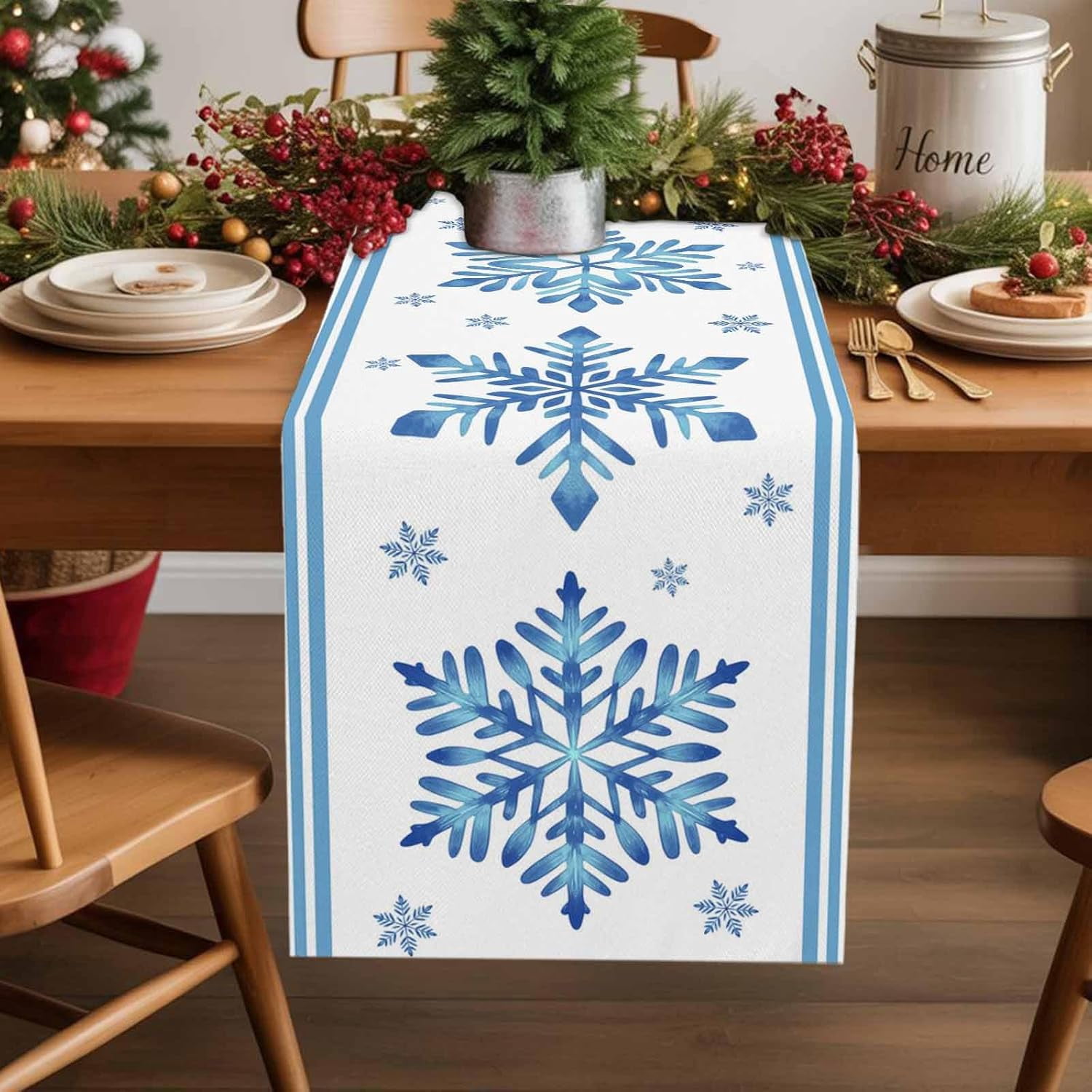 Blue Snowflake Christmas Table Runner 108 Inches Long - Xmas Abstract ...