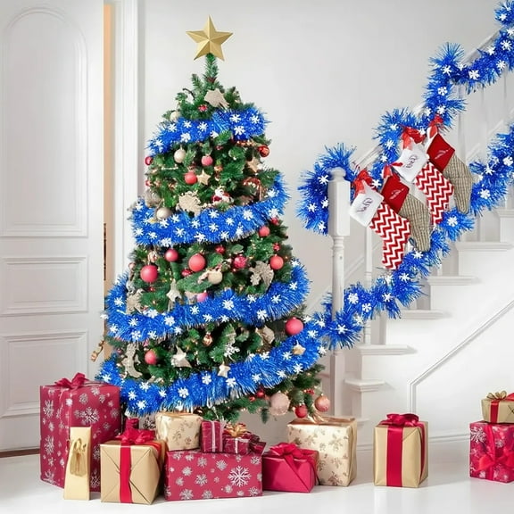 Blue Snowflake Christmas Tinsel Garland Winter Wonderland Garland Decor, Christmas Tree Wedding Birthday Decoration Metallic Foil Tinsel Garland, 4th of July New Year Parties Home Wall Hanging Decor
