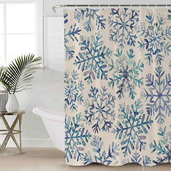 Blue Snowflake Christmas Waterproof Fabric Shower Curtain, Xmas Snowflake Vintage Shower Curtain for Bathroom Curtains Bathtubs Hotel Washable Shower Curtains with 12 Hooks Standard 72x72