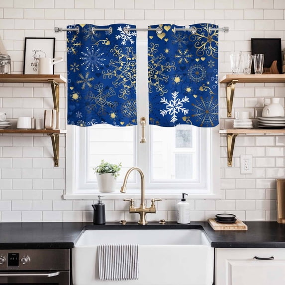 Blue Snowflake Christmas Window Curtains Panels with Silver Grommet, Xmas Snowflake Kitchen Cafe Curtain Draperies Window Treatment Set for Living Room/Bedroom/Laundry Room/Bathroom/Cafe, 55x39
