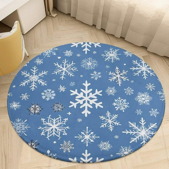 Blue Snowflake Circle Rug Round Rug Carpet Winter Non Slip Circular ...