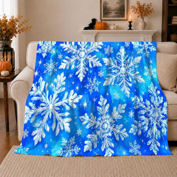 Blue Snowflake Crystal Design, Festive Holiday Scene, Warm Flannel Blanket for Living Room and Reading Nook with Detailed Artwork, Art Lovers Friendship Gift, Festive Home Decor