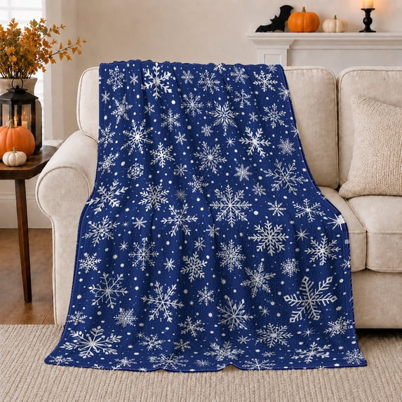Blue Snowflake Field with Starry Dots, Cheerful Holiday Style for Snowflake Lovers, Frosty Winter Motif and Christmas Gift, Cozy Flannel Blanket for Family Room and Guest Room, Home Decor