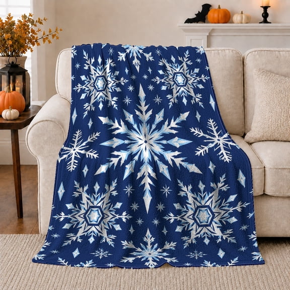 Blue Snowflake Pattern with Geometric Ice Crystals, Crisp Winter Art for Snowflake Fans, Frosty Star Motif Warm Flannel Blanket, Christmas Gift for Bedroom and Family Room Home Decor