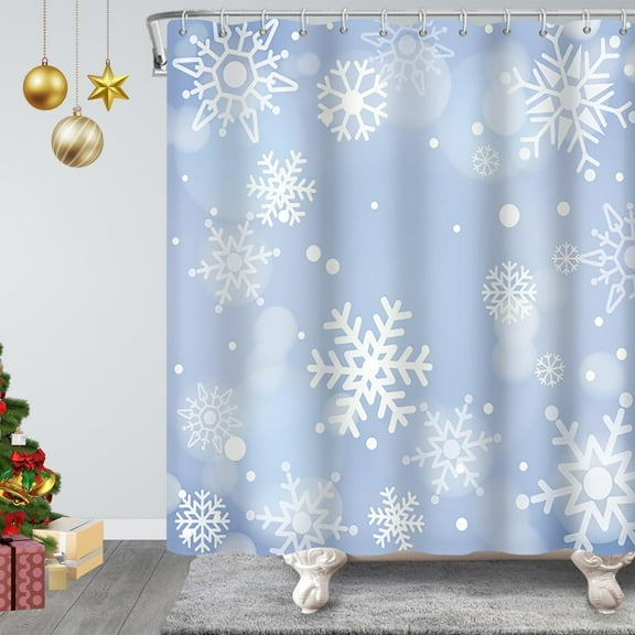 Blue Snowflake Shower Curtain 72Wx72L Inch White Snowflakes Pattern Christmas Neon Light Blue Winter Snowy Shower Curtain Waterproof Fabric for Bathroom Decorative