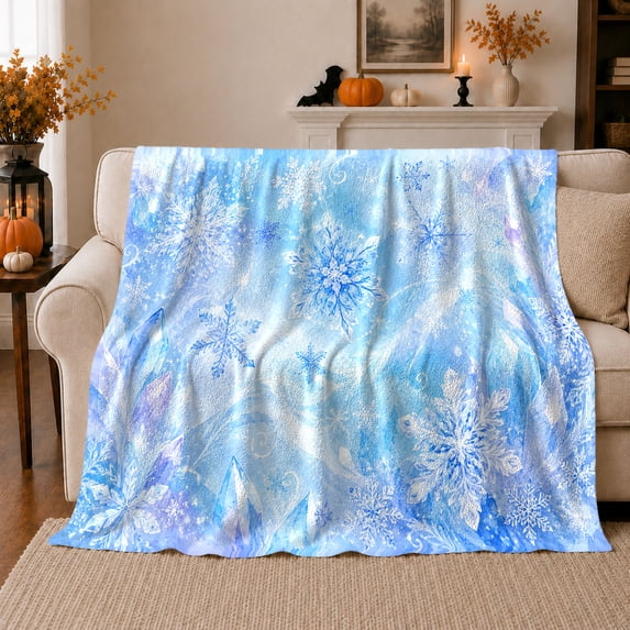 Blue Snowflake Winter Pattern Digitally Printed, Festive Holiday Scene, Warm Flannel Blanket for Living Room and Reading Nook, Art Lovers Friendship Gift, Artistic Home Decor