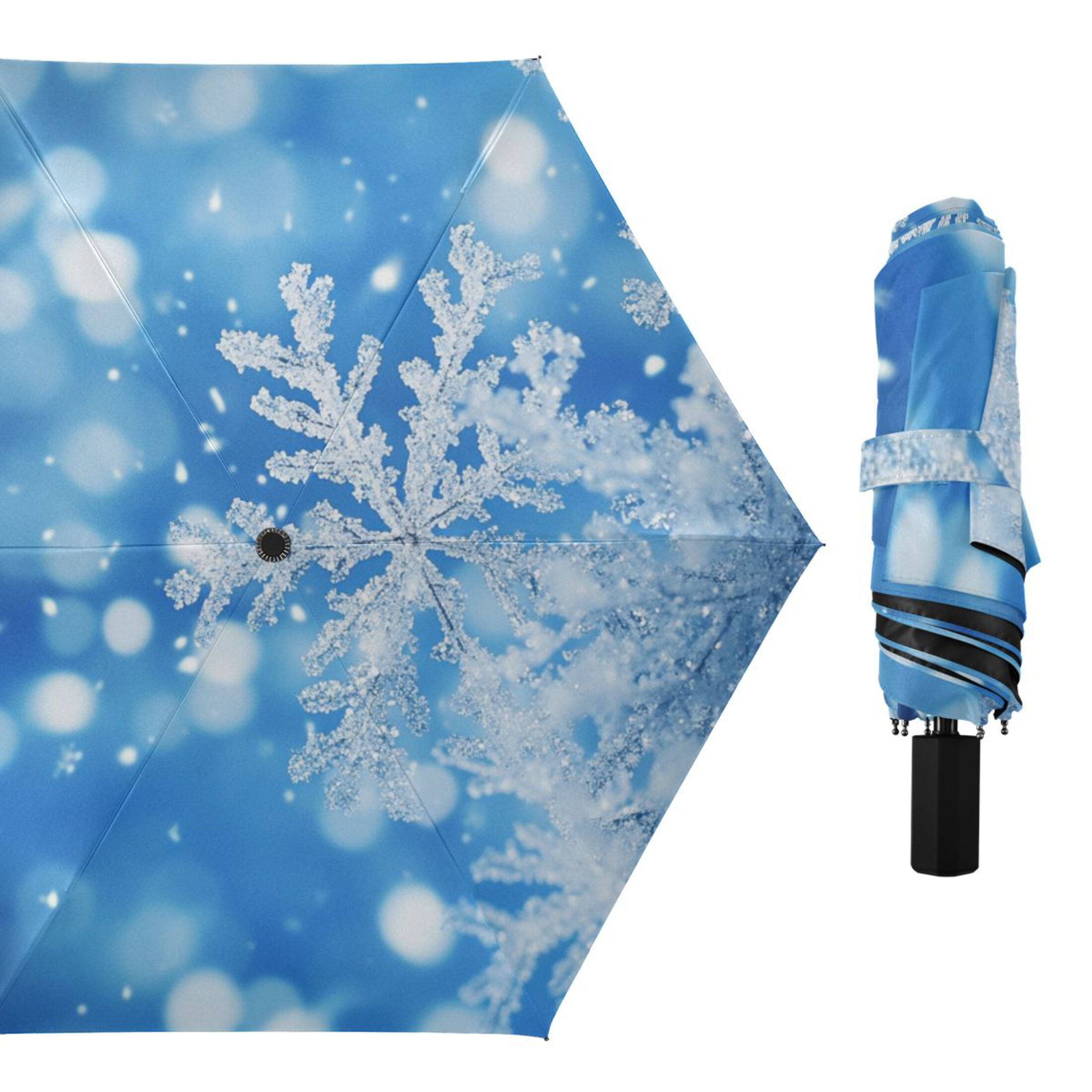 Blue Snowflakes All Weather Umbrella Triple Folding Parasol 6 Ribs UV Protection Portable