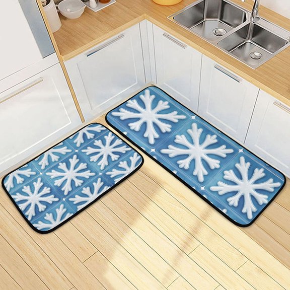 Blue Snowflakes Cubes Kitchen Mats Non Slip Standing Desk Mat Runner Rug Washable Kitchen Rugs for Floor 2PCS