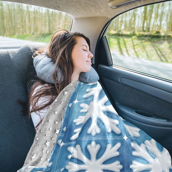 Blue Snowflakes Cubes Travel Blanket Pillow Compact Foldable Airplane Throw Blanket with Trolley Sleeve for Travel Camping