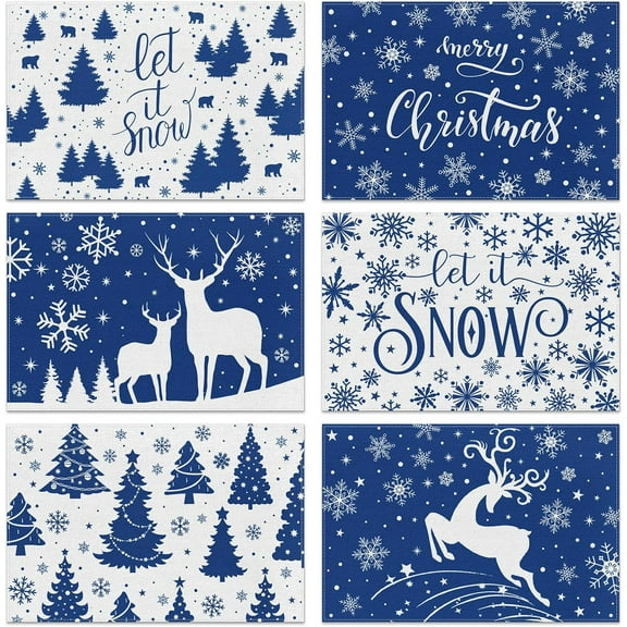 Blue Snowflakes Placemats Let it Snow Merry Christmas Placemats Set of 6 Winter Seasonal Xmas Holiday Table Mats for Party Kitchen Dining Decoration 12 x 18 Inch