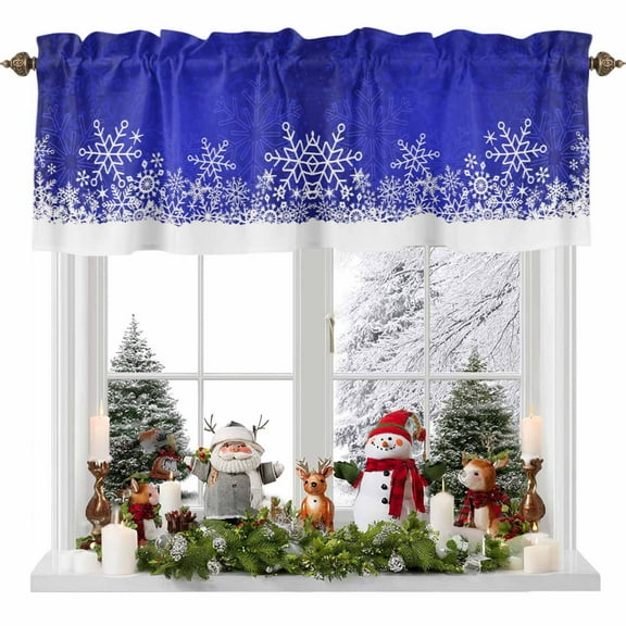 Blue Snowflakes Valances for Windows, 42 x 18in, Winter Xmas Blue White Nature Snow Scene Rod Pocket Kitchen Valance Curtain Light Filtering Window Treatments for Living Room Bedroom, 1 Panel