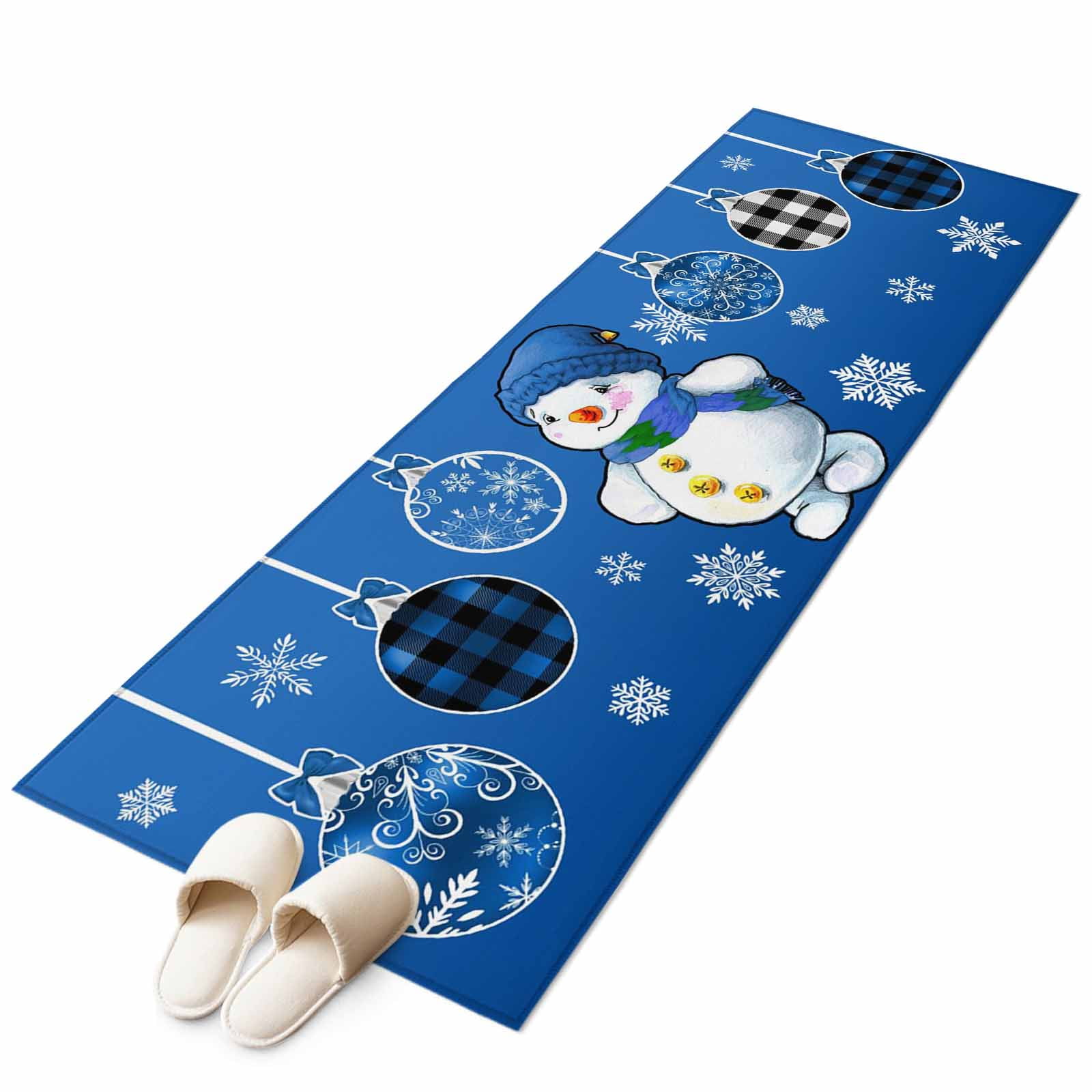 Blue Snowman Christmas 2'x6' Runner Rug, Xmas Ball Snowflake Winter ...