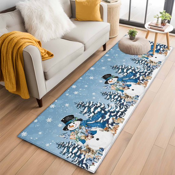 Blue Snowman Christmas 2'x6' Runner Rugs for Hallway Kitchen Bedside Non Slip Washable, Xmas Snowflake Gifts Winter Elk Entryway Rug Runners with Rubber Backing, Long Carpet Runner for Laundry Room