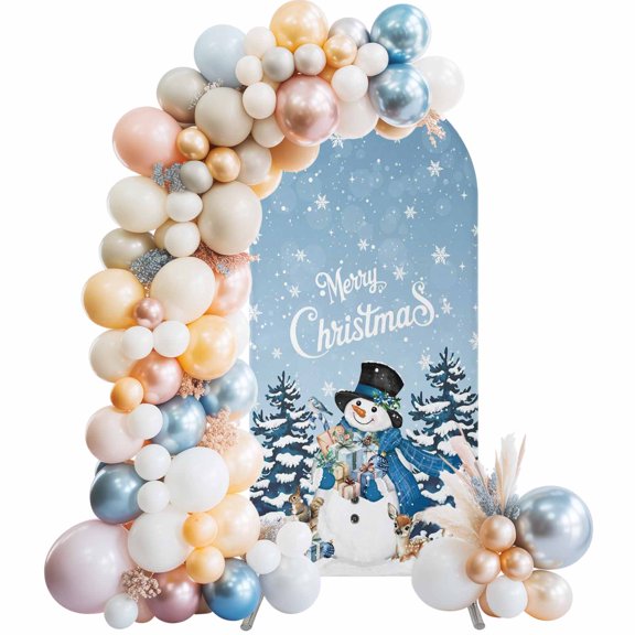Blue Snowman Christmas Arch Backdrop Cover 4x1.65 Ft, Spandex Wedding Arch Stand Cover, Xmas Snowflake Gifts Winter Elk Round Top Stretch Fitted Background Covers for Birthday Ceremony Party Decor