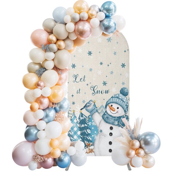 Blue Snowman Christmas Arch Backdrop Cover 6.6x3.3 Ft,Spandex Wedding Arch Stand Cover,Xmas Tree Snowflake Winter Rustic Elk Round Top Stretch Fitted Background Covers for Birthday Ceremony Party
