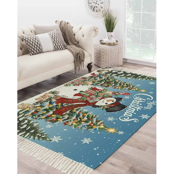Blue Snowman Christmas Area Rug 3x5 Living Room Rug with Tassel Woven Cotton Entryway Rugs Washable Bedroom Rugs Aesthetic Nursery Carpet Gifts Xmas Tree Winter Snowflake Floor Mat for Laundry Room