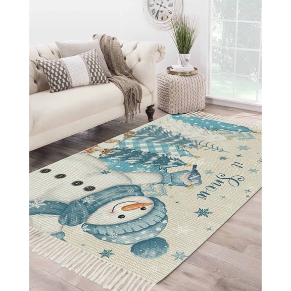 Blue Snowman Christmas Area Rug 4x6 Living Rug with Tassel Woven Cotton Entryway Rugs Washable Bedroom Rugs Aesthetic Nursery Carpet Xmas Tree Snowflake Winter Rustic Elk Floor Mat for Laundry Room