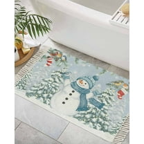 Blue Snowman Christmas Bathroom Rug 2x3 Front Door Mat with Tassel Cotton Woven Throw Area Rug Washable Small Entry Rugs Snowflake Winter Xmas Tree Low Profile Carpet for Kitchen Laundry Room
