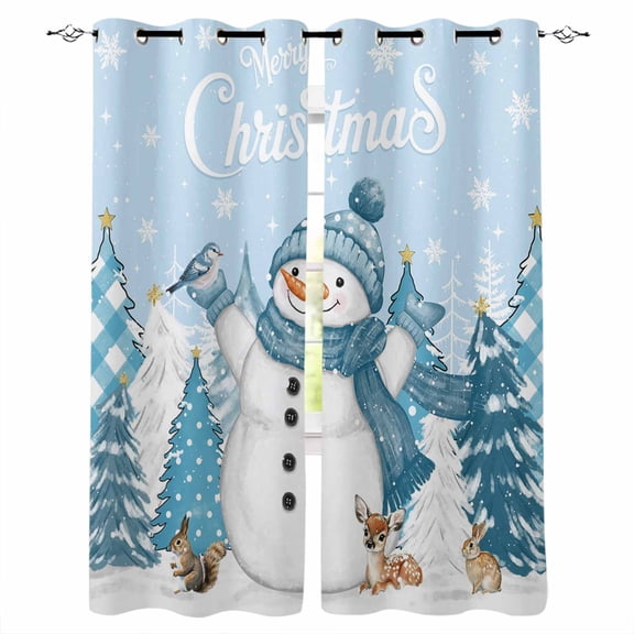 Blue Snowman Christmas Blackout Curtains for Bedroom, Thermal Insulated Window Treatment, Xmas Tree Snowflake Elk Winter Grommet Top Blackout Draperies and Drapes for Basement 27.5"x39" 2 Panels