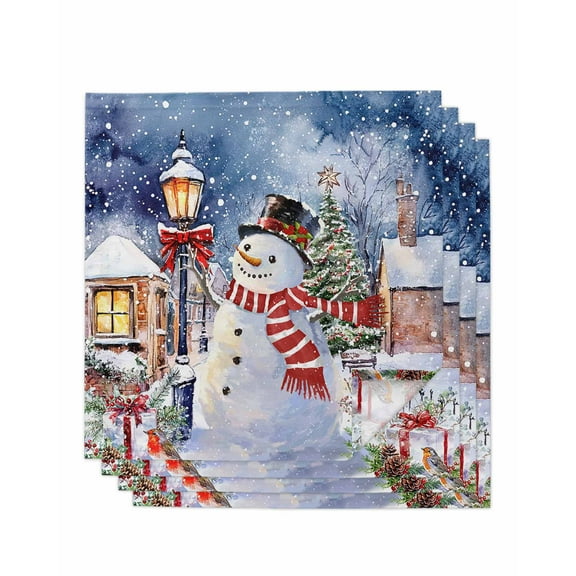 Blue Snowman Christmas Cloth Napkins Set of 4, Farmhouse Xmas Snowflake Washable Reusable Dinner Cocktail Napkin for Kitchen Party Wedding Banquet Holiday Baby Shower Table Decor