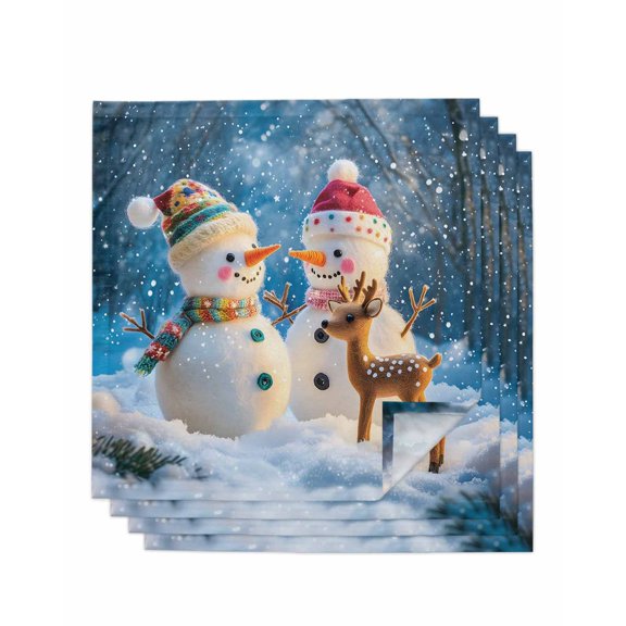 Blue Snowman Christmas Cloth Napkins Set of 4, Xmas Elk Snowflake Washable Reusable Dinner Cocktail Napkin for Kitchen Party Wedding Banquet Holiday Baby Shower Table Decor