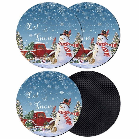 Blue Snowman Christmas Coasters Set of 4, Absorbent Coasters for Drinks, Snowflake Red Truck Xmas Tree Gifts Coaster for Desk Coffee Table Protection, Home Decor House Warming Gifts 4"