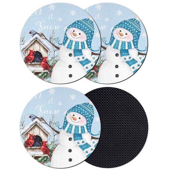 Blue Snowman Christmas Coasters Set of 4, Absorbent Coasters for Drinks, Xmas Snowflake Birds Berry Winter Coaster for Desk Coffee Table Protection, Home Decor House Warming Gifts 4"