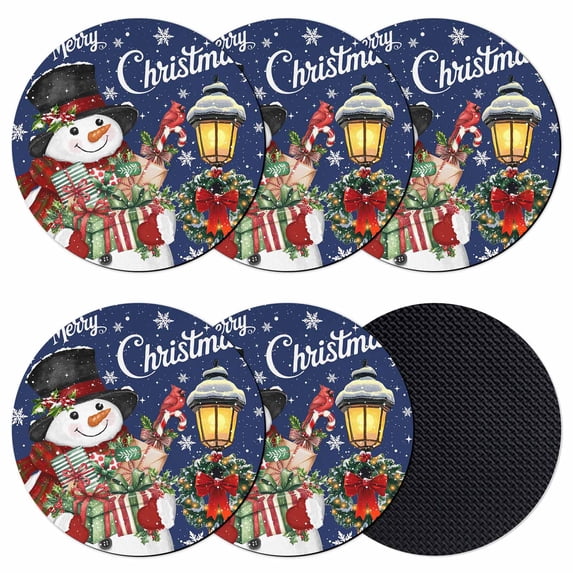 Blue Snowman Christmas Coasters Set of 6, Absorbent Coasters for Drinks, Xmas Snowflake Botanical Coaster for Desk Coffee Table Protection, Home Decor House Warming Gifts 4"