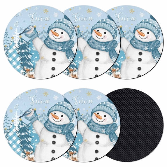 Blue Snowman Christmas Coasters Set of 6, Absorbent Coasters for Drinks, Xmas Tree Snowflake Winter Elk Coaster for Desk Coffee Table Protection, Home Decor House Warming Gifts 4"
