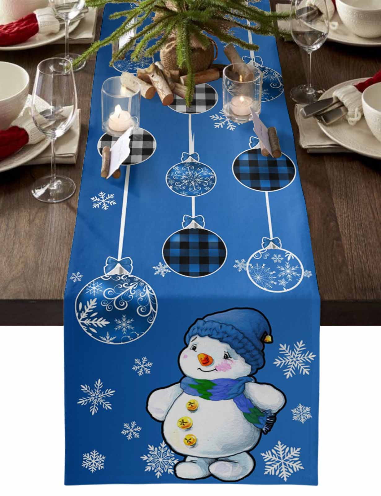 Blue Snowman Christmas Cotton Linen Table Runner for Dining Kitchen