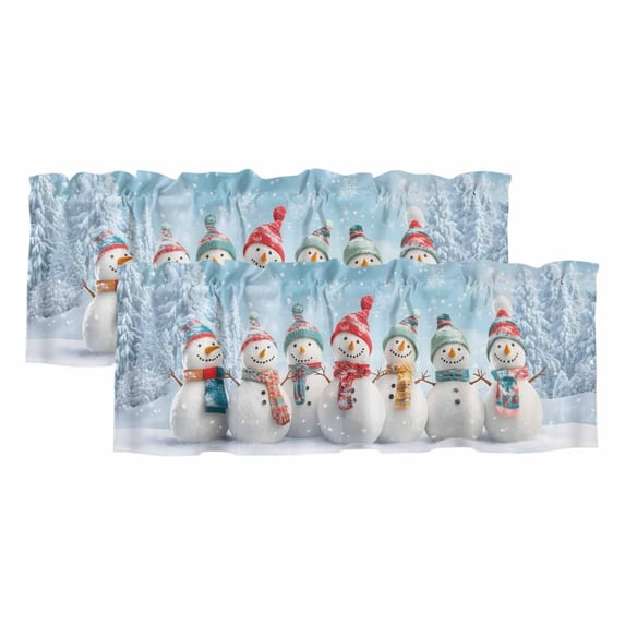 Blue Snowman Christmas Curtain Valances for Windows, Kitchen Valance Window Treatments Panel 2 Pack, Snowflake Xmas Rod Pocket Short Curtains for Bathroom Bedroom 42 x 12 Inch