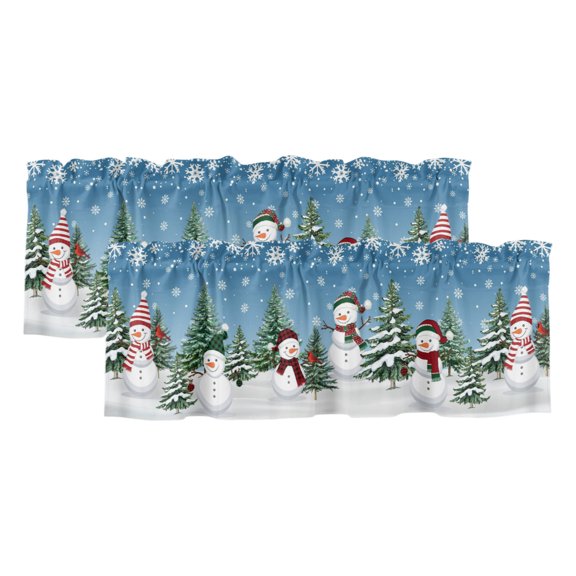 Blue Snowman Christmas Curtain Valances for Windows, Xmas Tree Green Snowflake Light Filtering Kitchen Curtains, Rod Pocket Window Valance Curtains for Living Room Bedroom, 42" W x 12" L, 2 Panels