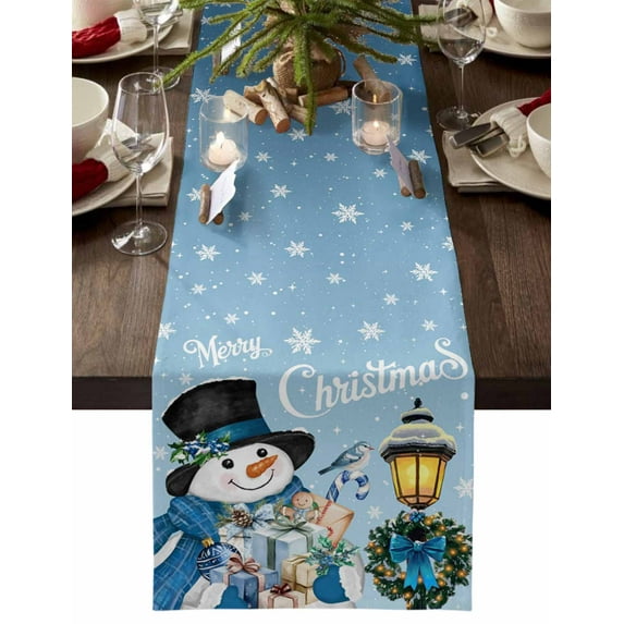 Blue Snowman Christmas Dresser Scarf Farmhouse, Dining Table Decorations for Wedding/Parties, Xmas Gifts Wreath Snowflake Table Runner 72 Inches Long for Kitchen Dining, 13 x 72 In