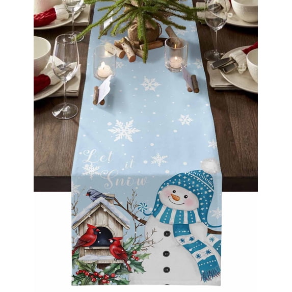 Blue Snowman Christmas Dresser Scarf Farmhouse, Dining Table Decorations for Wedding/Parties, Xmas Snowflake Birds Berry Winter Table Runner 70 Inches Long for Kitchen Dining, 13 x 70 In